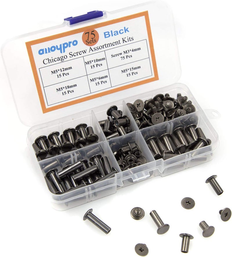 ALLOYPRO 75 Sets Chicago Screws Assorted Kit 5 Size GunMetal Leather Rivets Black Screw Rivets Slotted Phillip Head Book Binding Posts Nail Rivet Chicago Bolt for DIY Leather Craft (5 x 6,10,12,15,18) - Image 4
